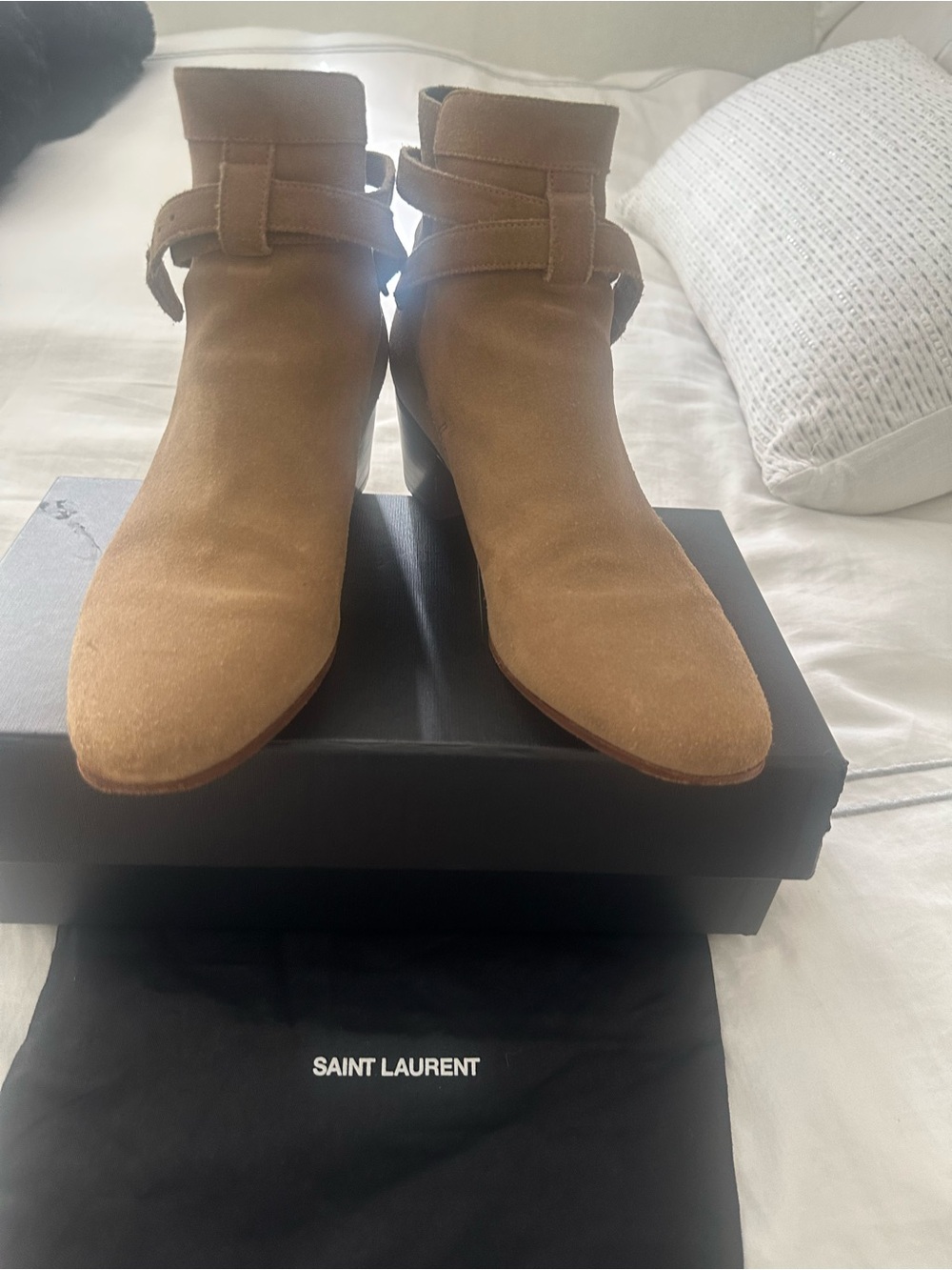 Saint Laurent Tan Suede Ankle Booties with Strap Detail